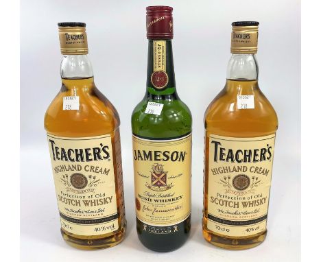 Two 70 cl bottles of Teacher's Scotch whisky; a 70 cl bottle of Jameson's Irish whiskey 