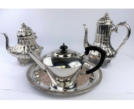 A Victorian 4 piece tea set of fluted baluster form with relief decoration (teapot handle missing); a selection of silver pla