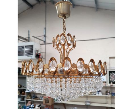 A gilt and drop crystal circular ceiling light/chandelier.&nbsp;&nbsp;Height from ceiling fitting 53cm approx, height to top 