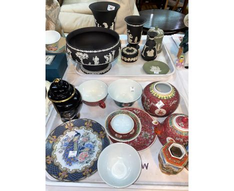 A Wedgewood black Jasperware fruit bowl; 3 vases and a trinket pot; modern Chinese items etc 