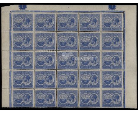 1920-21 Tercentenary watermark mult script (sideways) 2½d blue (SG 66) half sheet of thirty from top of the sheet showing pla