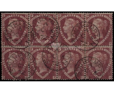1870 1½d rose-red plate 1 (SG51) superb used block of 8 (BE-CH), used by six strikes of light & crisp Southampton cds for OC 