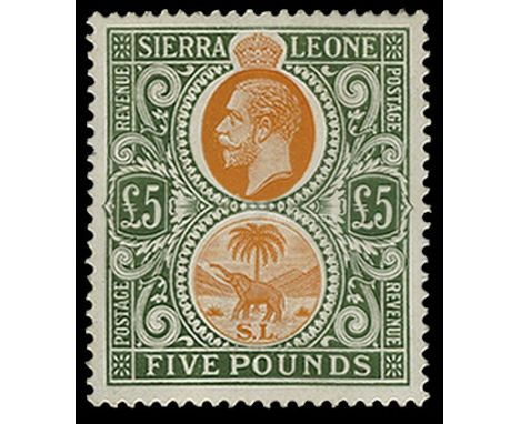 1921-27 £5 orange and green (SG 148), light even gum toning and a couple of fractionally short perfs, u/m, cat £3,000+ 
