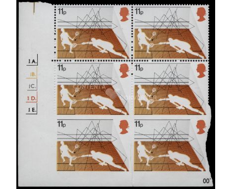 1977 Racket Sports 11p "Squash", lower left corner block of six (2x3) with cylinder numbers, lower horizontal pair completely