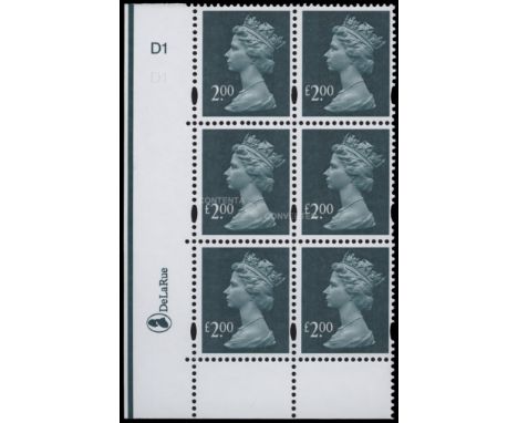 1993-2012 £2 deep blue-green, cylinder 'D1, D1' block of 6, upper left stamp with "£" symbol omitted (SG Y1747a), u/m