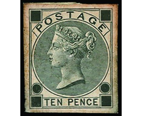 1867-80 10d, die proof in black on glazed card, with plate number circles and corner squares uncleared, cut-down and mounted,