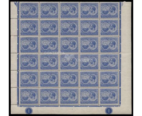 1920-21 Tercentenary watermark mult script (sideways) 2½d blue (SG 66) half sheet of thirty from foot of the sheet showing pl