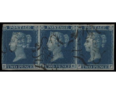 1841 2d blue plate 3: Horizontal strip of 3 (FD-FF), left margin close/touching otherwise good to large, FF with faint trace 
