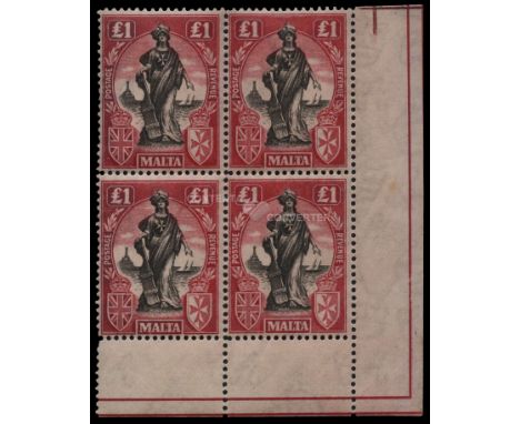 1922-26 £1 black and bright carmine, watermark upright (SG 140), lower right corner block of 4, a trace of colour 'sulphurisa