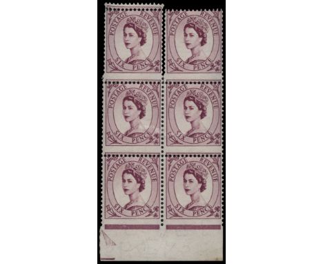 1952-54 watermark Tudor crown 6d reddish purple, lower marginal block of 6 (2x3) imperforate between lower pair and margin, a