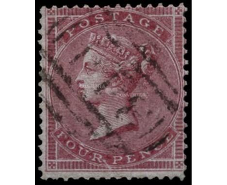 1855-57 Watermark Small Garter on highly glazed deeply blued paper 4d carmine (SG 62), centred slightly to t/r, very fine use