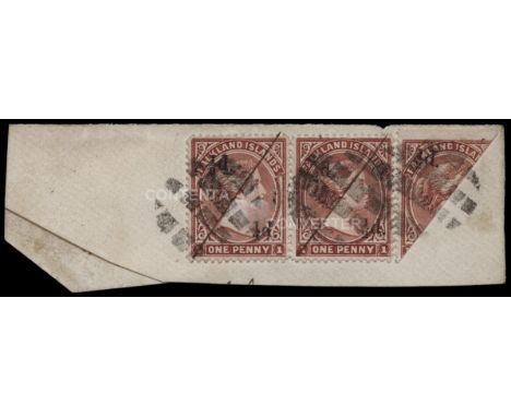 1891 ½d on half of 1885-87 1d brownish claret, horizontal pair of unsevered pairs and a single (SG 13/13a), the unsevered pai