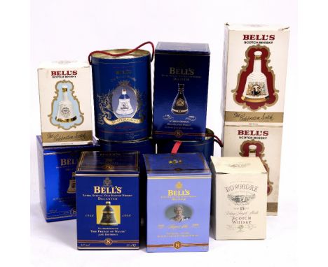 TEN BELL'S COMMEMORATIVE WHISKEY DECANTERS with original boxes to include 50th Golden Wedding anniversary, The Prince of Wale