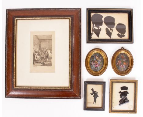 A SILHOUETTE PICTURE of three children 11.5cm x 16.5cm together with two further silhouette pictures, two small oval painting
