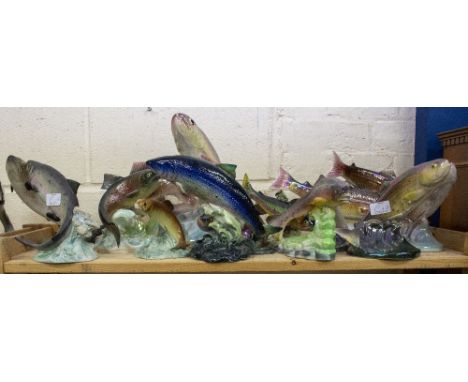 A COLLECTION OF POTTERY SALMON AND TROUT makers to include Royal Dux, Beswick, Aynsley, Goebel and lustre glazed examples (18