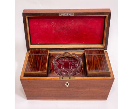 A 19TH CENTURY ROSEWOOD TEA CADDY the dome top with lozenge shaped bone escutcheon with fitted interior containing  two boxes