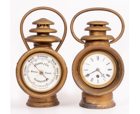 A FRENCH GOLD PAINTED AUTOMOBILE LANTERN  by G. Dugellier of Paris, later mounted with an aneroid barometer 17cm wide x 35cm 