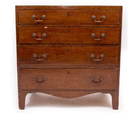 A 19TH CENTURY MAHOGANY CADDY TOPPED CHEST OF FOUR DRAWERS with brass swan neck handles and bracket feet, 85cm wide x 45cm de