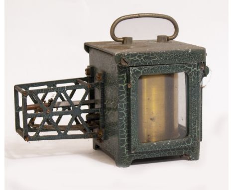 A CLOCKWORK THERMOMETER with painted cast aluminium case 24cm long