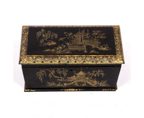 A 19TH CENTURY PAPIER MACHE TEA CADDY with chinoiserie gilt decoration 36cm wide x 20cm deep x 17cm high 