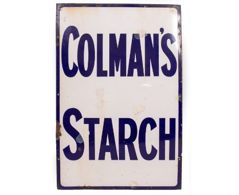 AN OLD BLUE AND WHITE ENAMEL COLEMAN'S STARCH SIGN possibly originally from Radley Station 61cm wide x 91.5cm high (old resto