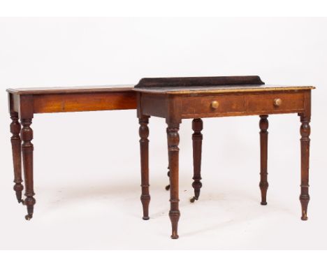 A VICTORIAN MAHOGANY SIDE TABLE with turned tapering legs and Cope &amp; Collinson brass and ceramic casters, 117cm wide x 51