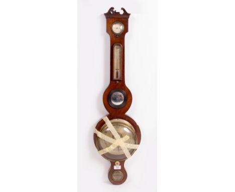 A 19TH CENTURY MAHOGANY CASED WHEEL BARAOMETER with hydrometer, thermometer, convex mirror and level, signed M. Levi of Ipswi