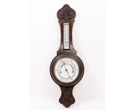 AN EARLY 20TH CENTURY OAK CASED WHEEL BAROMETER unsigned and undated 69cm overall