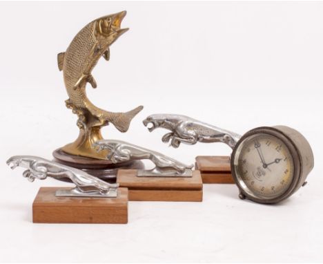 A SMITHS AUTOMOBILE CLOCK DIAL  9cm diameter; three Jaguar car mascots and a brass figure of a leaping salmon (5)