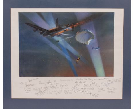 A PRINT AFTER WOOTTON 'LANCASTER BAIL OUT' 32cm x 47cm, signed in pencil and pen in the margin by various World War II Servic