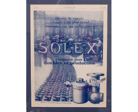 AN ART DECO PERIOD ADVERT for a Peugeot, originally published in May 1925, 39cm x 28cm together with a framed Solex carburett