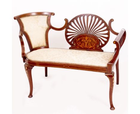 A LATE 19TH / EARLY 20TH CENTURY TWO SEATER SOFA  by Oates &amp; Musson with upholstered panel back and pierced splat back wi