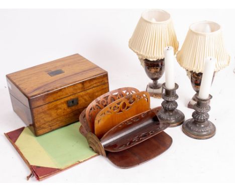 A WOODEN CORRESPONDENCE HOLDER with pierced decoration together with a desk blotter, a Victorian walnut writing box, a pair o