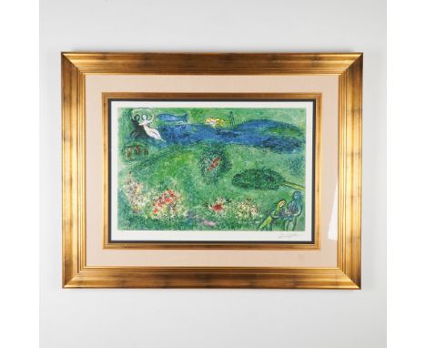 This color lithograph titled Le Verger (The Orchard) after Marc Chagall's comes from the celebrated Daphnis et Chloe portfoli