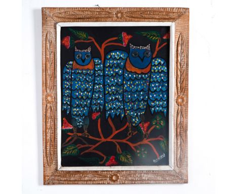 This original Haitian folk art painting by renowned artist Sisson Blanchard showcases two striking blue owls perched on a tre