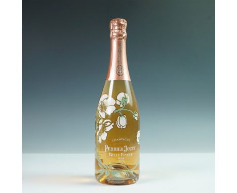 A 750ml bottle of Perrier-Jouet Belle epoque 2013 Rose Champagne, elegantly presented in a floral-designed gift case. Establi