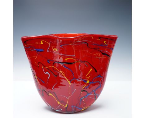 A striking hand-blown art glass vase by Viz glass Inc., featuring a bold red body with multicolored abstract ribbon-like trai