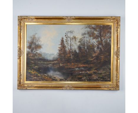 This evocative oil painting on canvas by German artist H. Stadler captures a tranquil landscape featuring a reflective body o