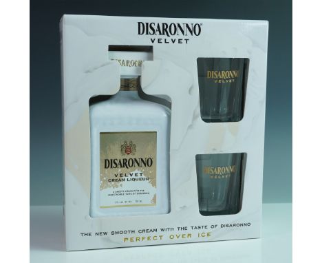 A sealed 750ml bottle of Disaronno Velvet Cream Liqueur, containing 17% alcohol by volume. The liqueur is presented in its or