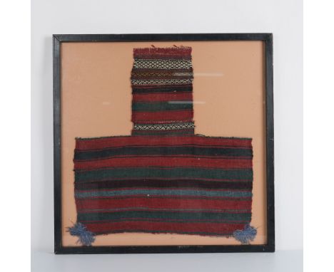 Original antique Peruvian handweave wool textile fragment T shaped. The linear pattern is woven in horizontal rows of fiber d