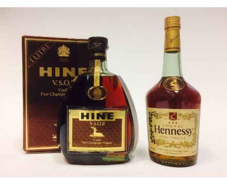 HENNESSY VS Cognac
68cl, 40% volume. 
HINE VSOP Vieille Fine Champagne Cognac
100cl, 40% volume, in carton. 
2 bottles.  COND