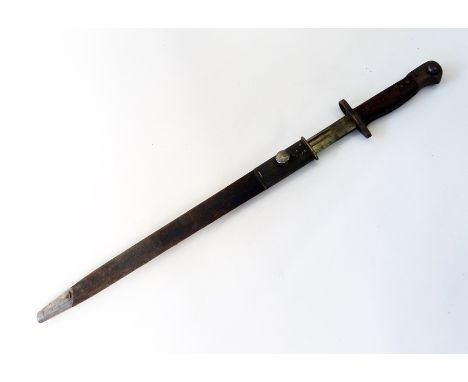 WW I model 1907 bayonet by Wilkinson, the wooden handle crudely engraved "I.L.T", the whole having leather sheath 