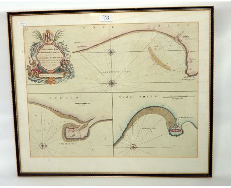 Coloured etching of Burlington Bay, Scarborough and Hartlepool to Capt Ralph Sanderson, this chart is a duplicate and prefent