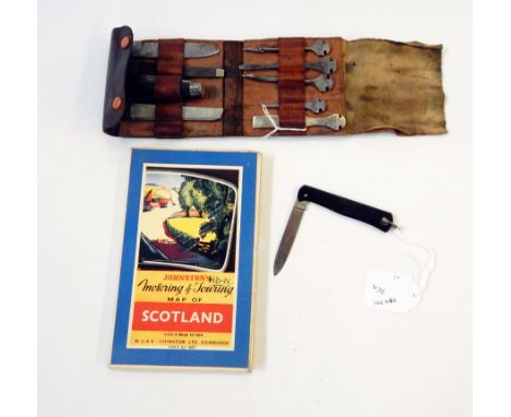 A Bonsa field tool kit in folding leather case, Johnstons Motoring and Towing map of Scotland from mid 20th century and a fol