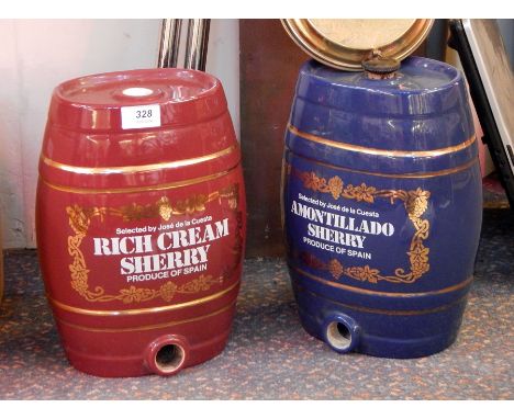 Two Royal Norfolk ceramic spirit barrels "Rich Cream Sherry" and "Amontelado Sherry" together with two warming pans 