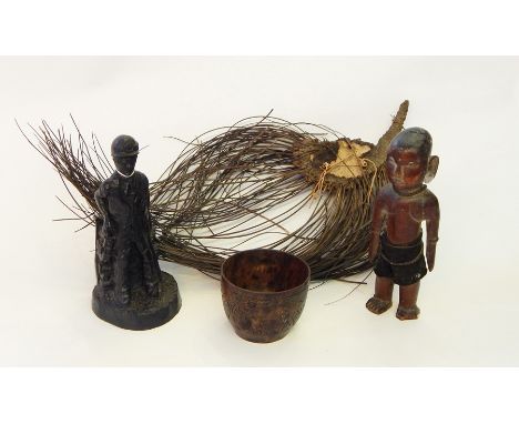 Tribal stick, wooden tribal sculpture, hardwood bowl with engravings of elephants, trees and hippopotamus and carved coal fig