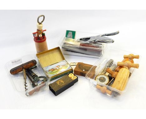 A collection of 20th century corkscrews, bottle openers, nutcracker, etc., mauchline ware box, playing cards, dice, etc. (4 b