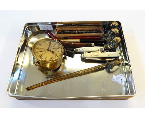 A Zenith Watch Company brass alarm clock, brass letter opener in the form of sword with scabbard, three fountain pens viz:- M