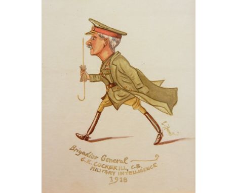 L Hunt (20th Century)
Watercolour
Caricature figure of Brigadier General G. K. Cockerill
1918, singed, 13cm x 10cm