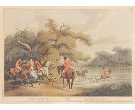 Hunting prints
"Stag Hunting 2" "La Chasse au Cerf", huntsman and hounds crossing a river, 34cm x 30cm 
"Partridge Shooting 2